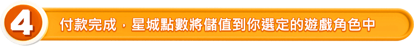 付款完成，星城點數將儲值到你選定的遊戲角色中